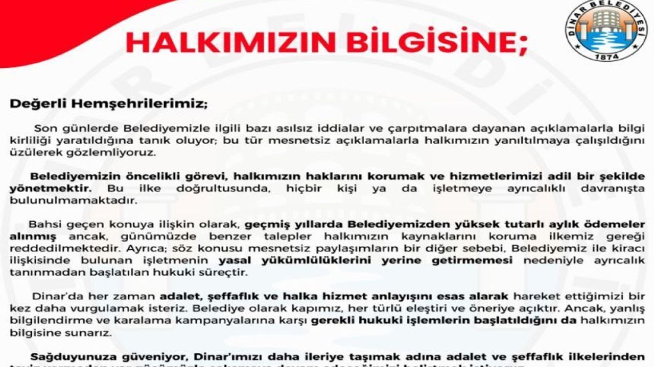 DİNAR BELEDİYESİNDEN BASIN AÇIKLAMASI